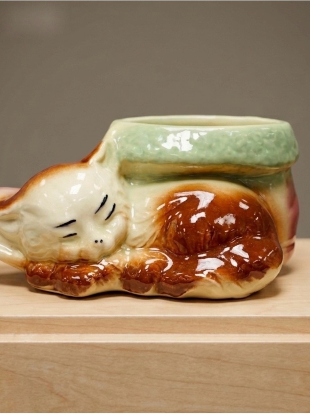 Vintage Ceramic Sleeping Cat Planter in Brown and Cream